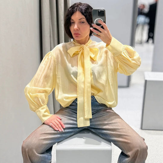 Damen Satin-Schleifenbluse mit Ballonärmeln & breiten Manschetten Shop Nory