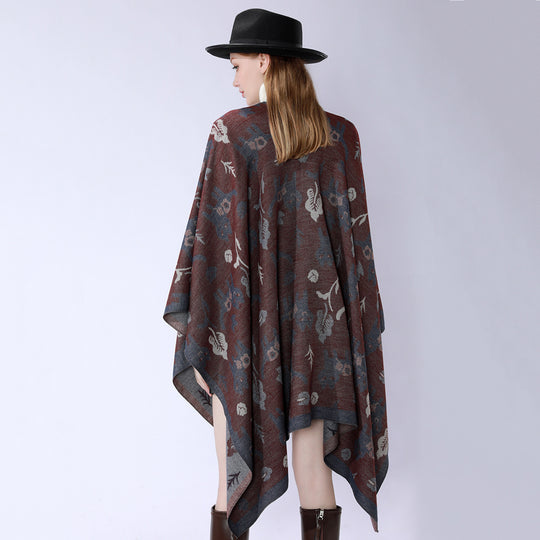 Damen Oversized Ruana im Jacquard mit Katzen- & Blumenmotiv Shop Nory