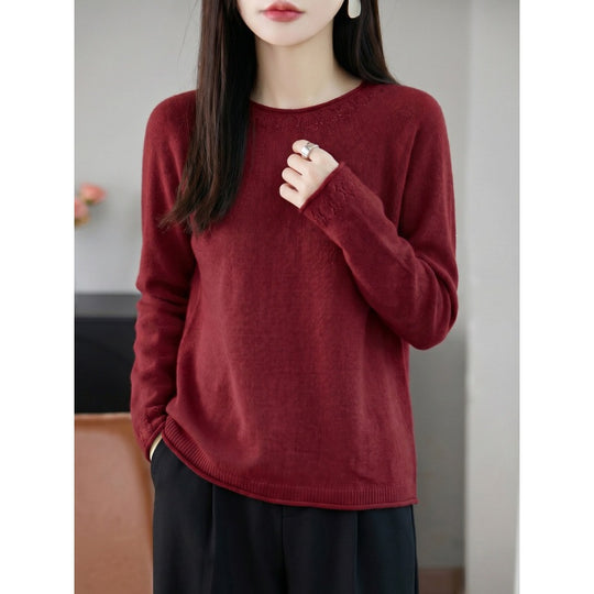 Damen Leichter Feinstrick-Rundhalspullover mit Ajourspitzen‑Detail und legerer Silhouette Shop Nory