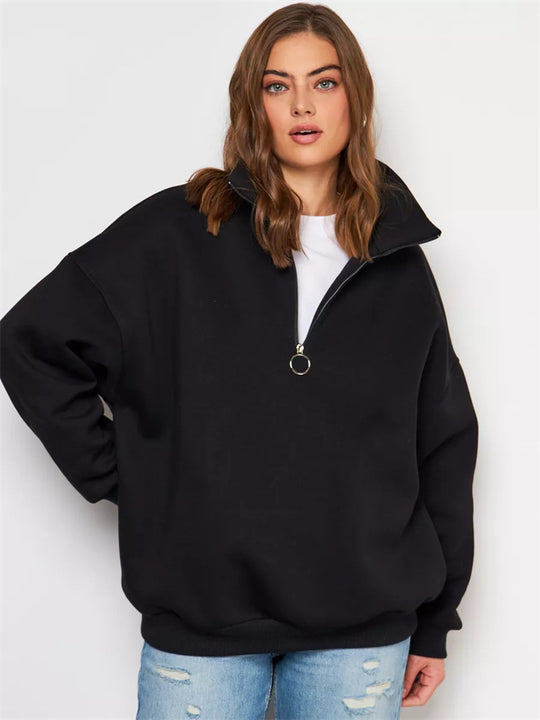Damen Oversized Halbzip Sweater mit hohem Stehkragen und Rippbündchen Shop Nory