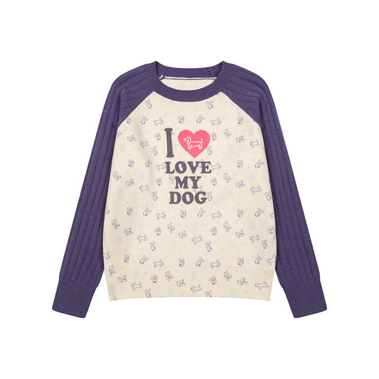 Damen Gestrickter Raglanpullover mit Herz‑Hundemotiv, Rippärmeln und Allover-Print Shop Nory