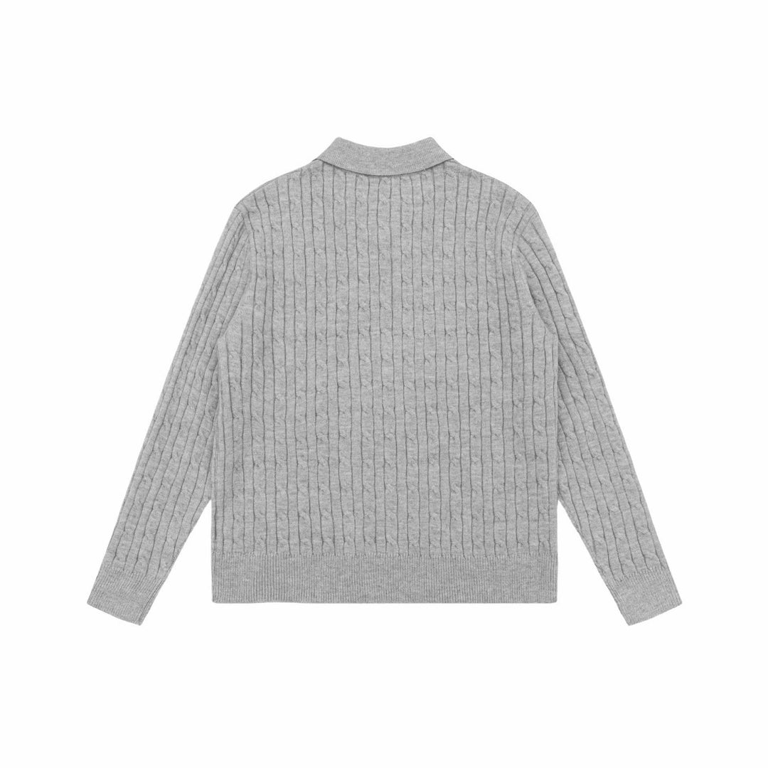 Unisex Grobstrick-Polokragen-Pullover mit Zopfmuster und halber Knopfleiste Shop Nory
