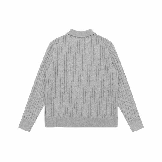 Unisex Grobstrick-Polokragen-Pullover mit Zopfmuster und halber Knopfleiste Shop Nory