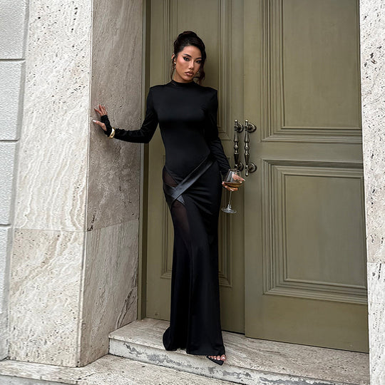 Damen figurbetontes Abend-Maxikleid mit langen Ärmeln und Satin-Detail Shop Nory