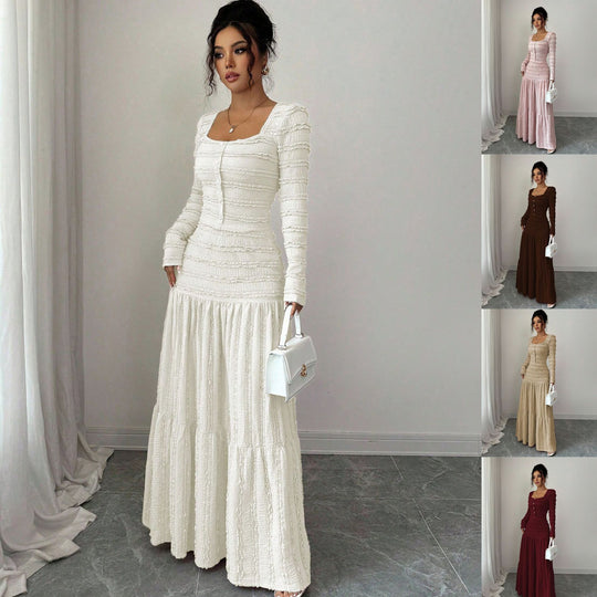 Damen Figurbetontes strukturiertes Maxikleid mit quadratischem Ausschnitt und Knopfleiste Shop Nory