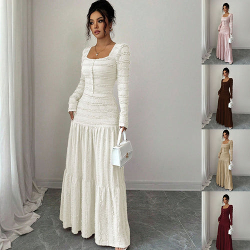Damen Figurbetontes strukturiertes Maxikleid mit quadratischem Ausschnitt und Knopfleiste Shop Nory