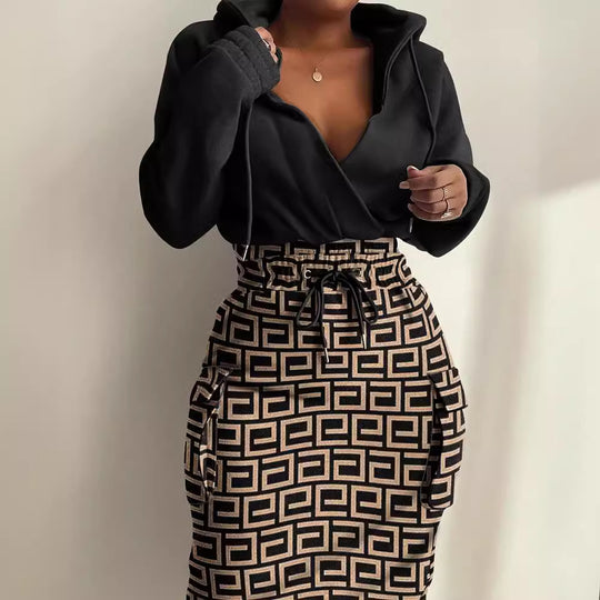 Damen Kapuzen Sweatkleid mit V-Ausschnitt, Kordelzug-Taille und Cargo-Taschen Shop Nory
