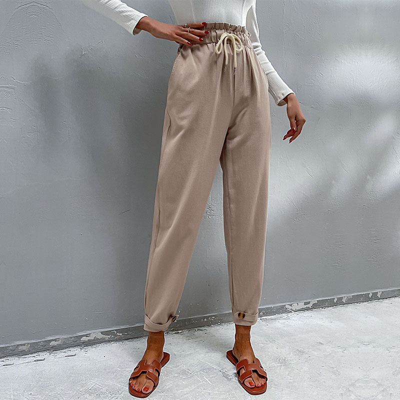 Damen Lässige Hose mit hohem Bund, Tunnelzug, Eingrifftaschen und konischer Beinform Shop Nory