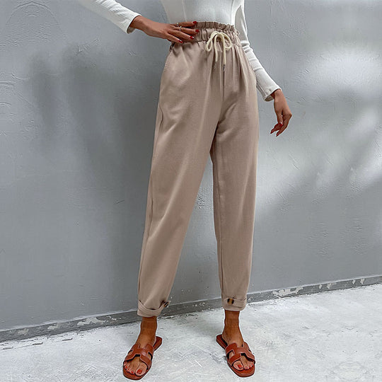 Damen Lässige Hose mit hohem Bund, Tunnelzug, Eingrifftaschen und konischer Beinform Shop Nory