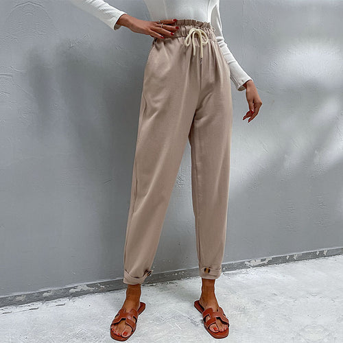 Damen Lässige Hose mit hohem Bund, Tunnelzug, Eingrifftaschen und konischer Beinform Shop Nory