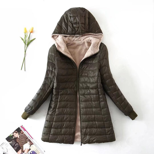 Damen Taillierter Steppmantel mit Teddyfutter und Kapuze Shop Nory