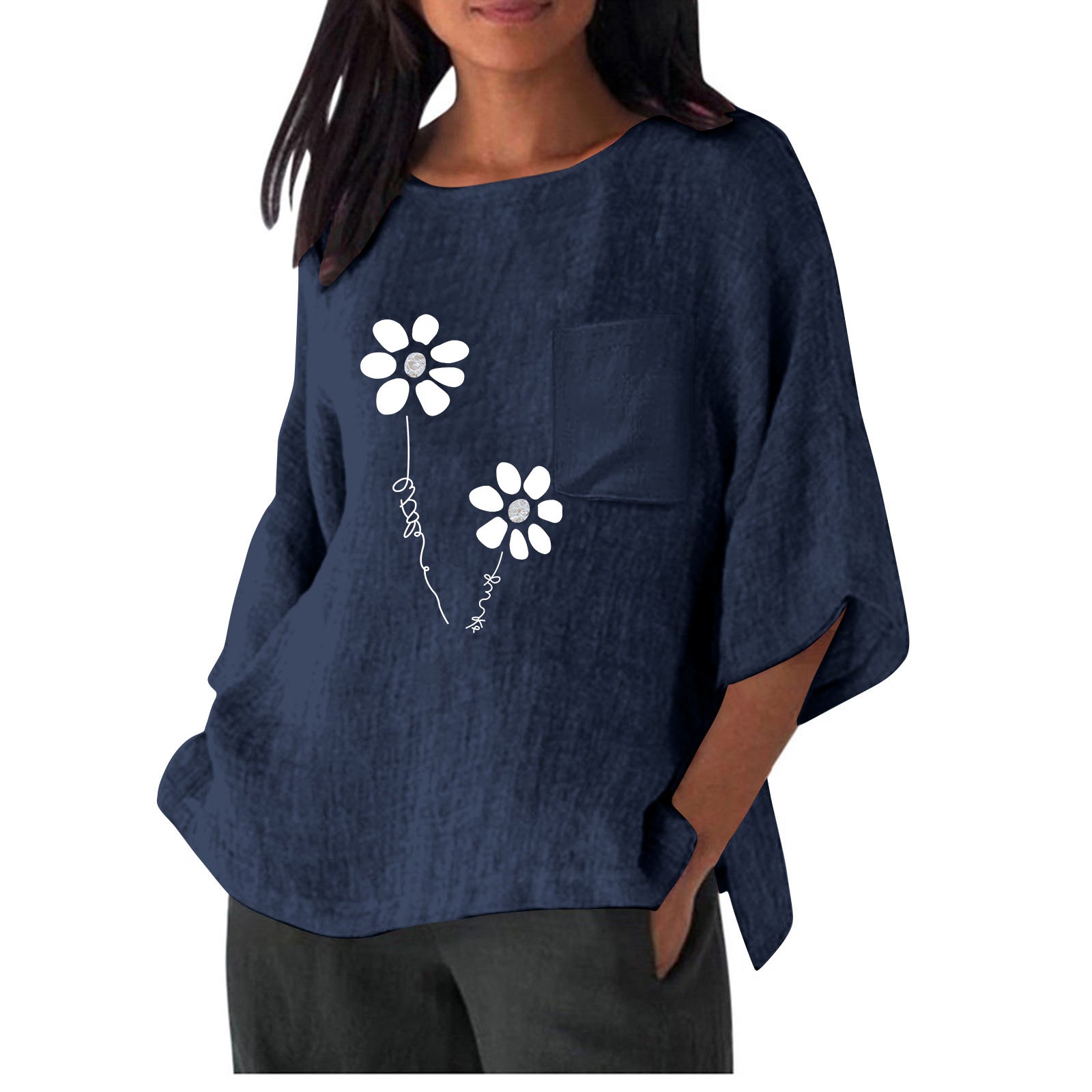 Damen lässiges Blusenshirt mit einzigartigem Blumenprint und praktischem Brusttaschen Shopnory