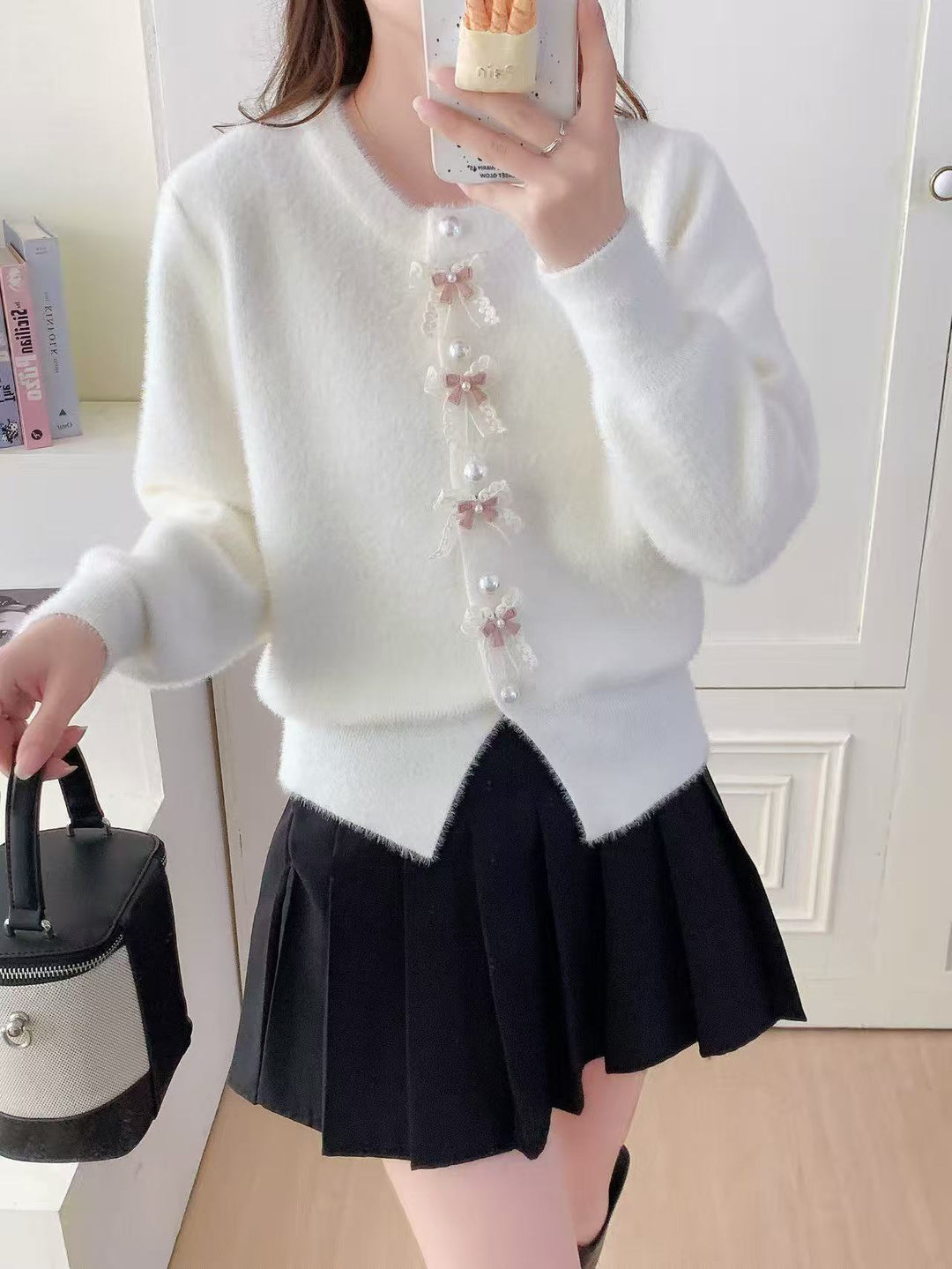 Damen Flauschige Strickjacke mit Perlen und Rüschendetails Shop Nory