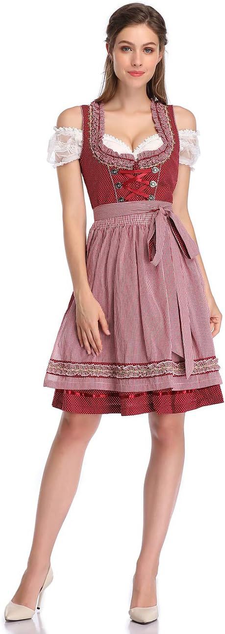 Damen nan traditionelles Dirndlkleid mit Herzausschnitt, korsettähnlicher Schnürung und kariertem Schürzenrock Shop Nory