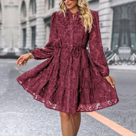 Damen Kleid im romantischen Boho-Stil mit Knopfverschluss und Bindegürtel