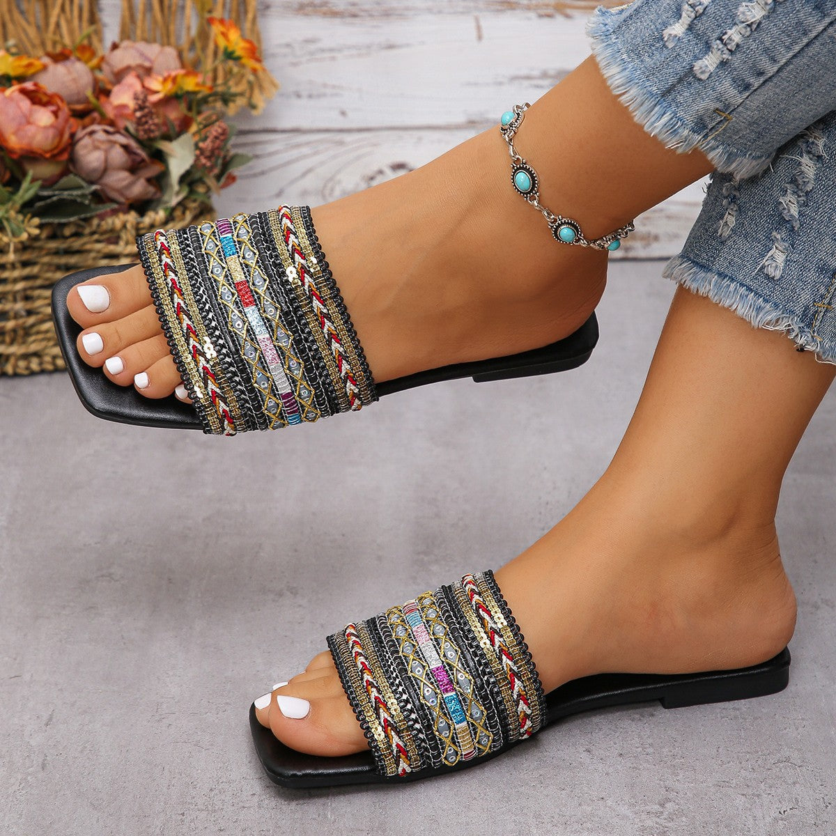 Damen Fancy Badeschuhe mit exquisite Perlenstickerei