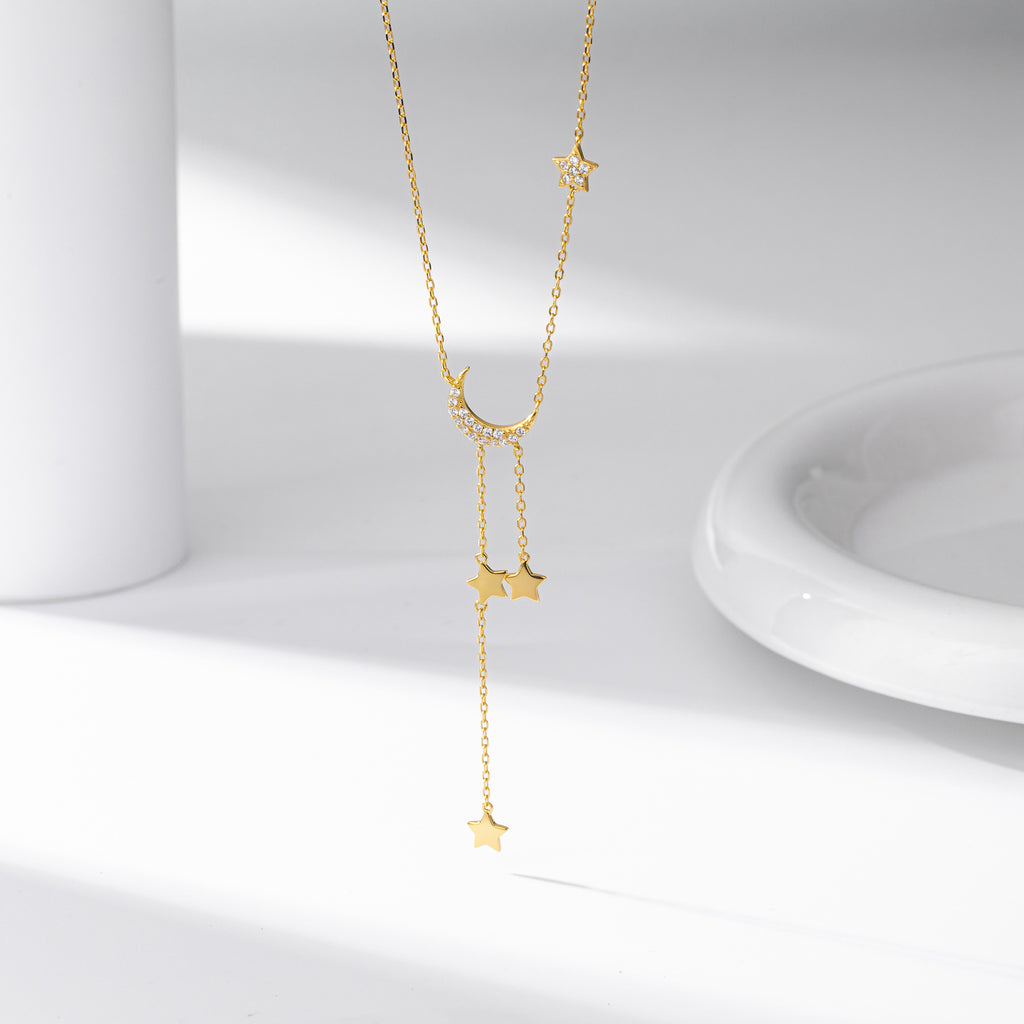 Damen Halskette mit funkelndem Mond- und Sternenmotiv aus hochwertigem 925 Sterling Silber Shop Nory