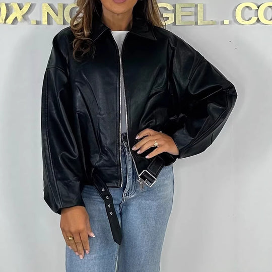 Damen Modische Kunstlederjacke mit Bauchgurt