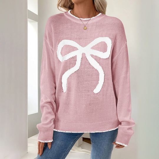 Damen Weihnachtlicher Oversize-Strickpullover mit Schleifenmotiv und gerippten Bündchen Shop Nory