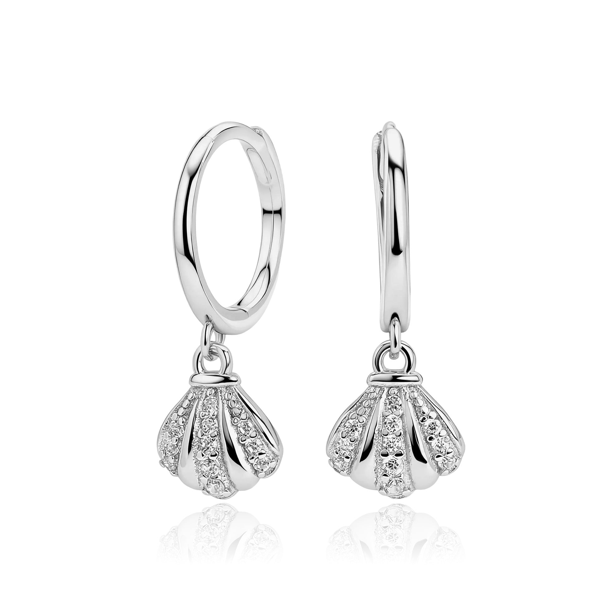 Damen Creolen mit funkelndem Zirkonanhänger im eleganten Muscheldesign Shop Nory