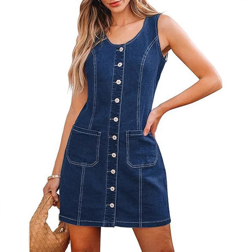 Damen Ärmelloses Jeans-Minikleid mit durchgehender Knopfleiste und aufgesetzten Taschen Shop Nory