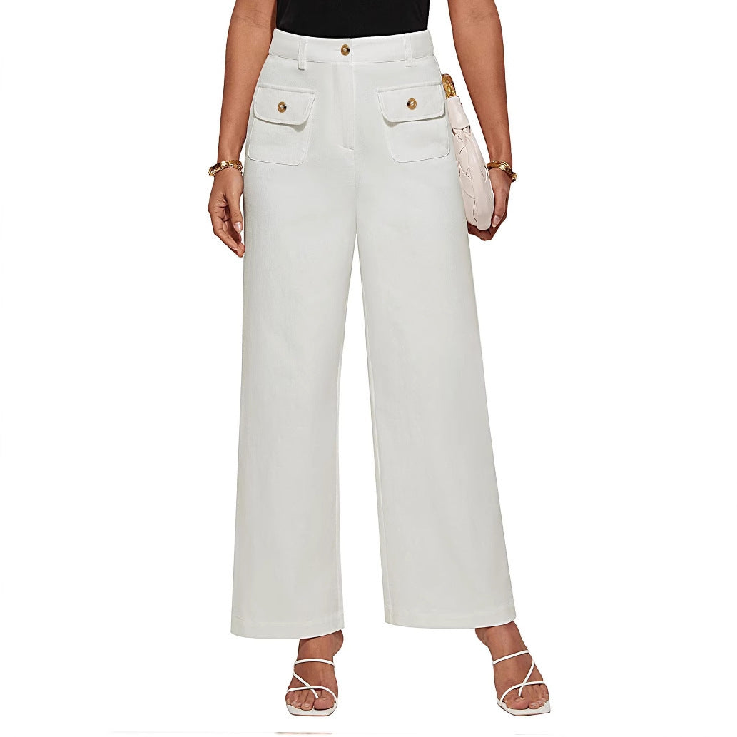 Hochtaillierte Damen-Trousers mit weitem Bein und Knopfklappen-Pattentaschen Shop Nory