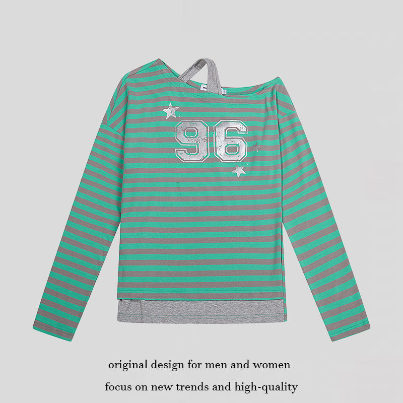 Damen Gestreiftes Langarmshirt mit asymmetrischem Ausschnitt, Lagenoptik und Metallic-Print Shop Nory