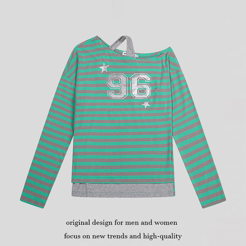 Damen Gestreiftes Langarmshirt mit asymmetrischem Ausschnitt, Lagenoptik und Metallic-Print Shop Nory