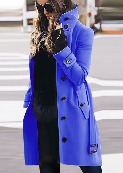 Damen Doppelreihiger Trenchcoat mit hohem Stehkragen, Taillengürtel und Manschetten-Detail Shop Nory