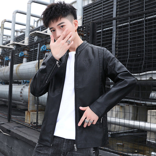 Herren Schlanker Kunstleder‑Moto‑Blouson mit Stehkragen und Reißverschlussärmeln Shop Nory