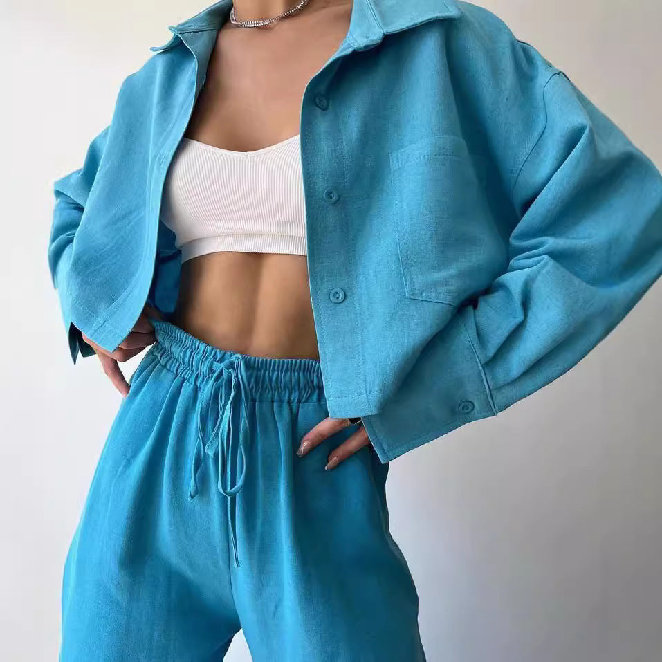 Damen Leinenoptik-Loungewear-Set mit Cropped-Overshirt und High-Waist-Tunnelzughose Shop Nory