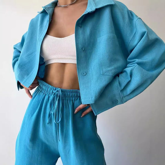 Damen Leinenoptik-Loungewear-Set mit Cropped-Overshirt und High-Waist-Tunnelzughose Shop Nory