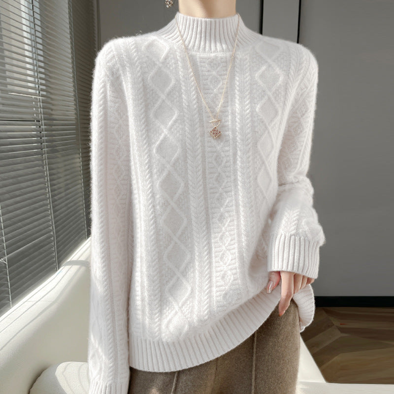 Damen Kuscheliger Mohair‑Optik Mockneckpullover mit Rautenzopfstruktur und kastiger Silhouette Shop Nory