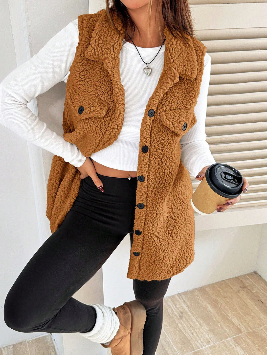 Damen Teddy-Weste mit Taschen