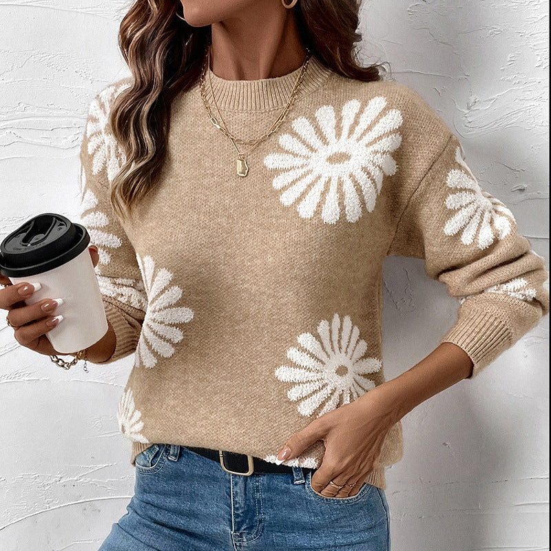Damen Strickpullover mit Blumenintarsien, Rundhalsausschnitt und relaxed Fit Shop Nory