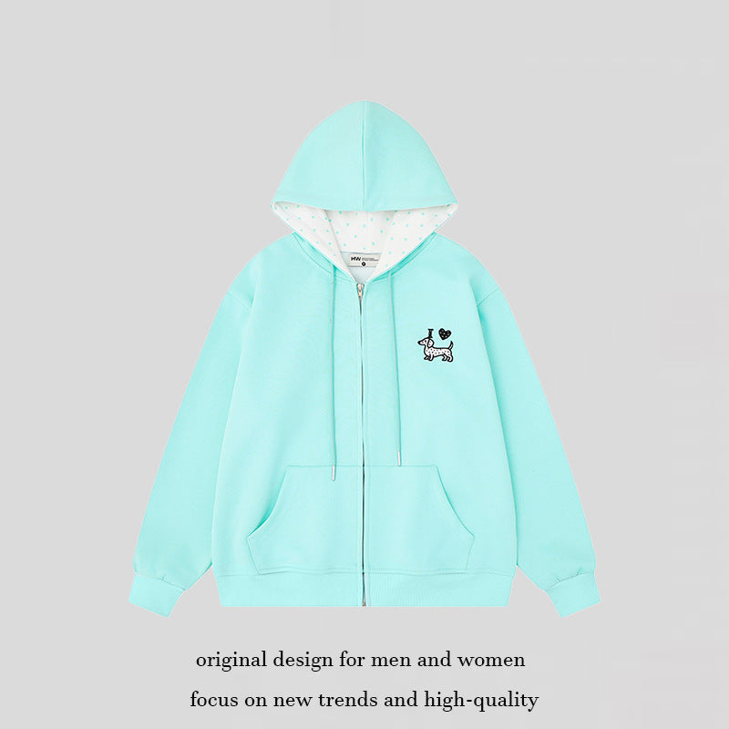 Damen Kapuzen-Sweatjacke mit gesticktem Dackel‑Motiv und gepunkteter Kapuzenfütterung Shop Nory