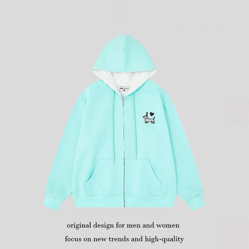 Damen Kapuzen-Sweatjacke mit gesticktem Dackel‑Motiv und gepunkteter Kapuzenfütterung Shop Nory