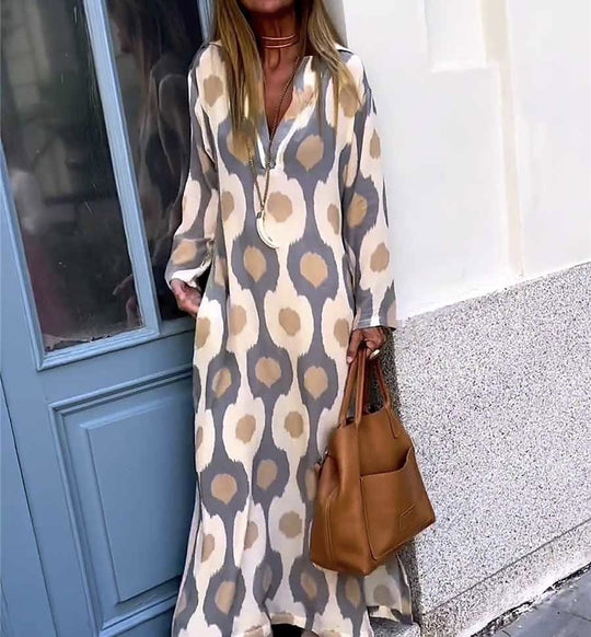 Damen Langes Boho-Maxikleid mit V-Ausschnitt, lockerem Schnitt und auffälligem Allover-Print Shop Nory