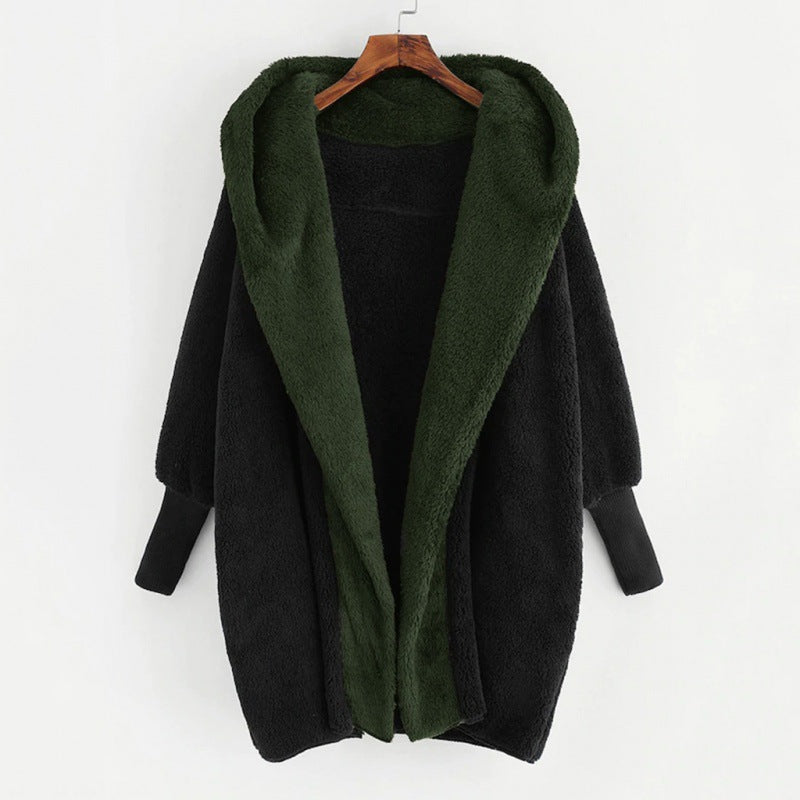 Damen Oversized Kunstfell-Kapuzenmantel mit kontrastierender Teddy-Innenseite und Rippbündchen Shop Nory