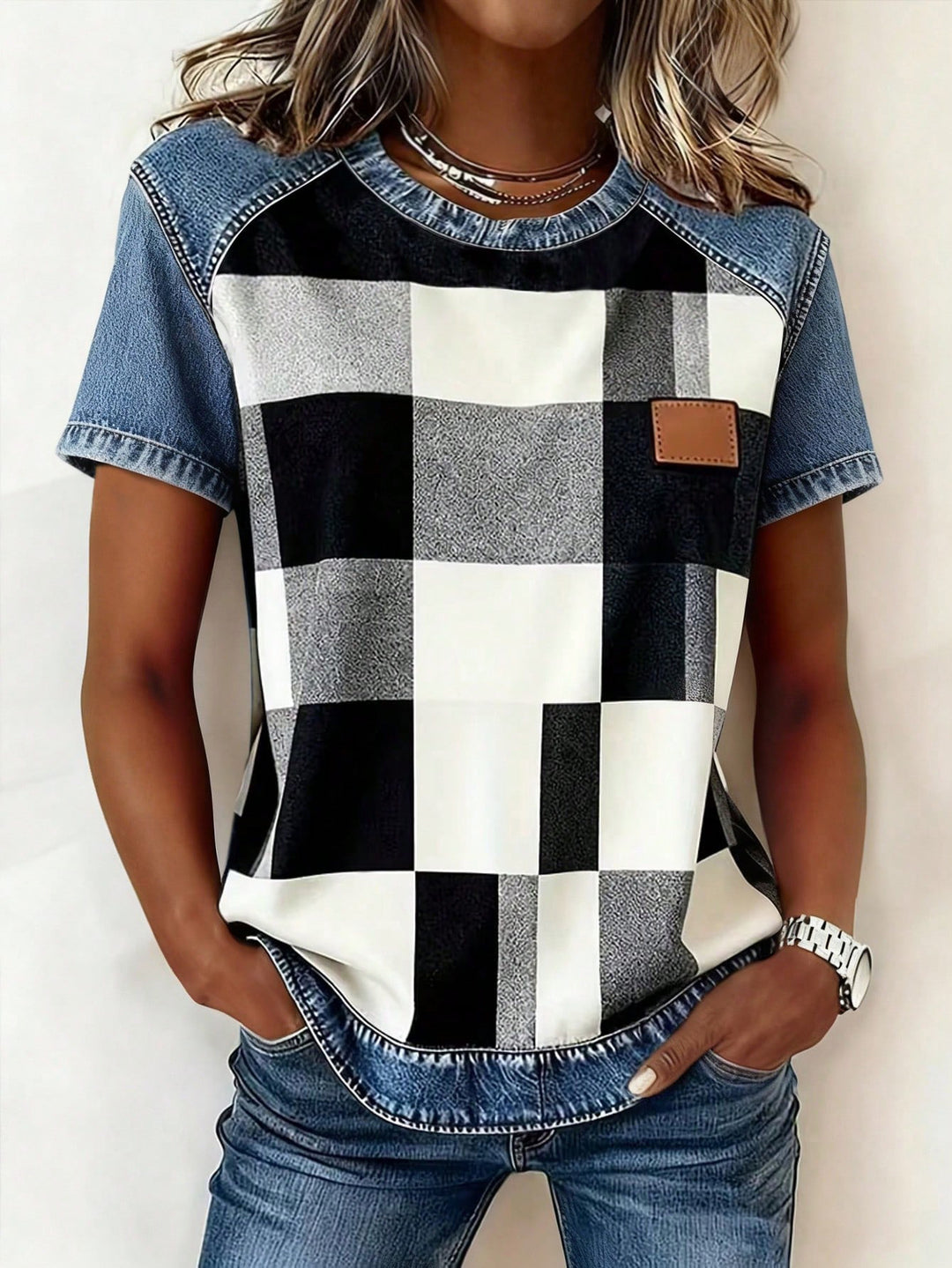 Damen Kurzarmshirt mit Jeans-Einsätzen und Teddy-Patchprint Shop Nory