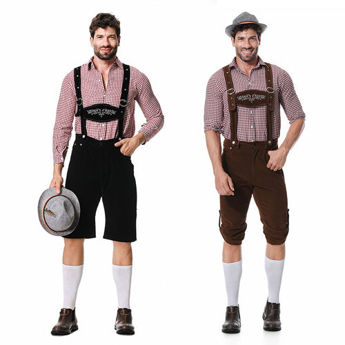 Herren nan authentische Trachten-Kniebundhose aus wildlederähnlichem Material mit verstellbaren Trägern und besticktem Brustlatz Shop Nory