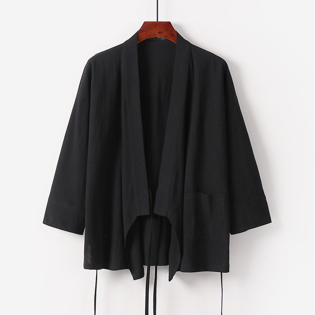 Damen Kimono-Cardigan aus Baumwoll-Leinen mit dreiviertelärmeln Bindegürtel und aufgesetzten Taschen Shop Nory