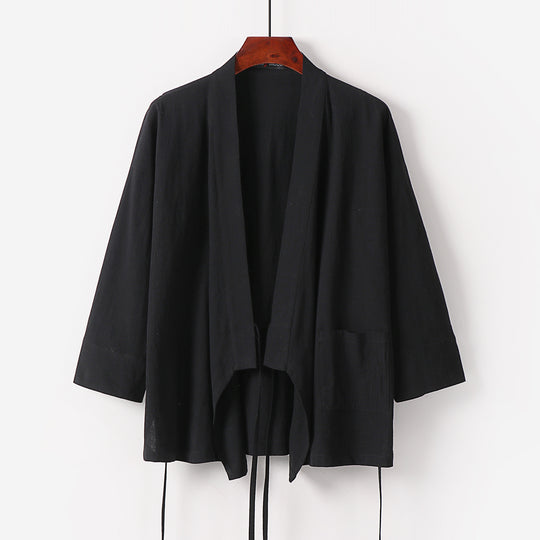 Damen Kimono-Cardigan aus Baumwoll-Leinen mit dreiviertelärmeln Bindegürtel und aufgesetzten Taschen Shop Nory