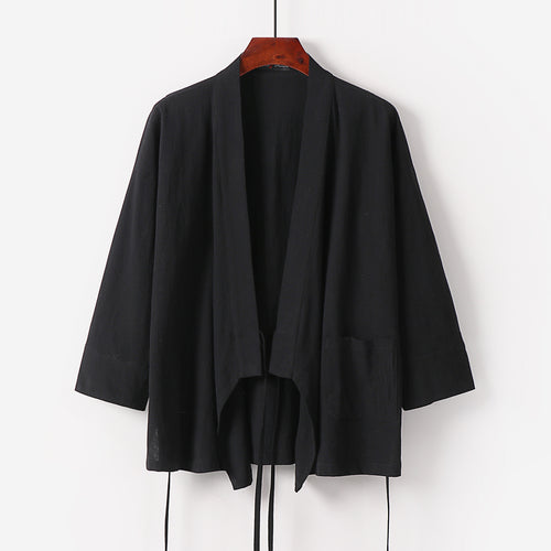 Damen Kimono-Cardigan aus Baumwoll-Leinen mit dreiviertelärmeln Bindegürtel und aufgesetzten Taschen Shop Nory