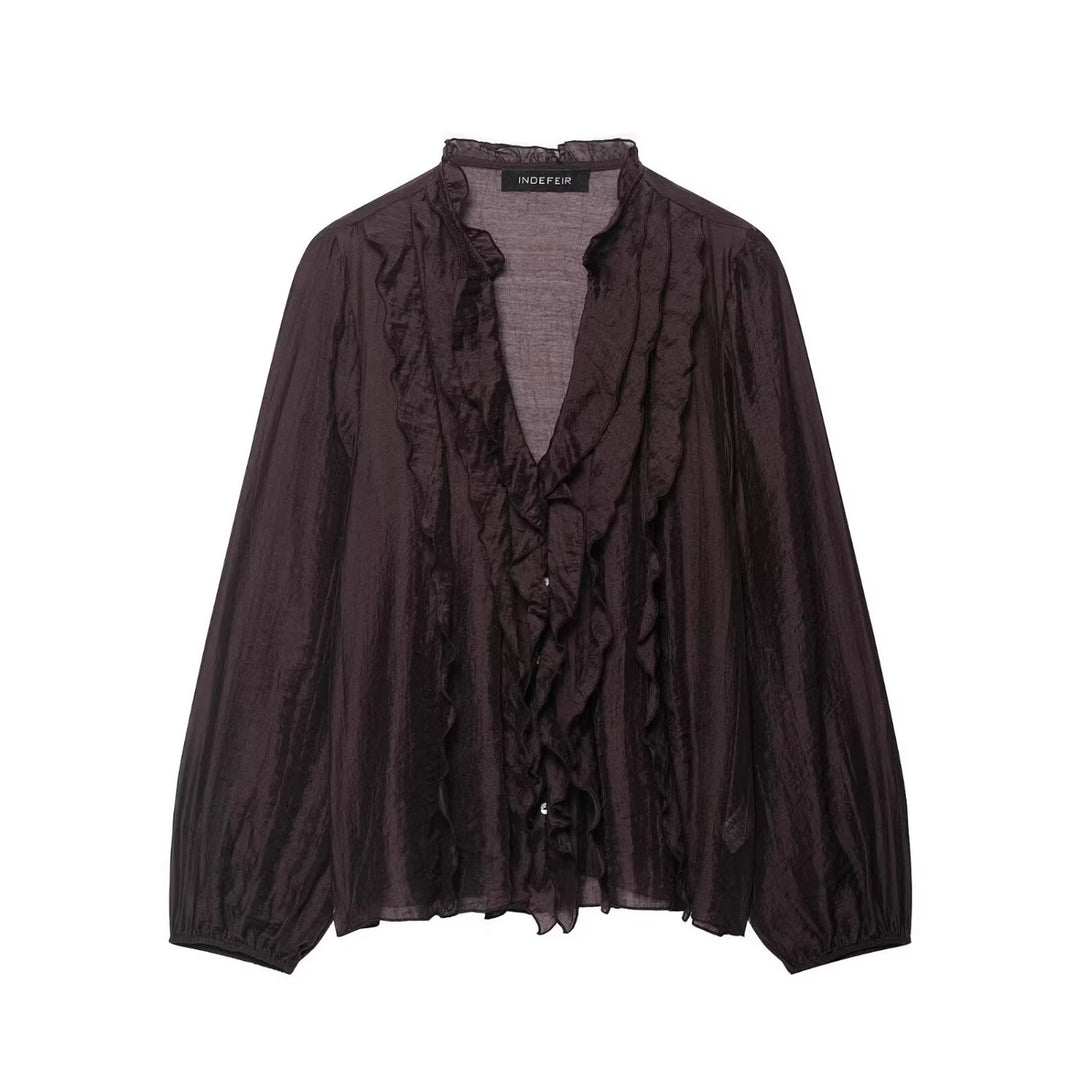 Damen Transparente Crinkle-Bluse mit Volantkragen, Rüschenfront und Ballonärmeln Shop Nory