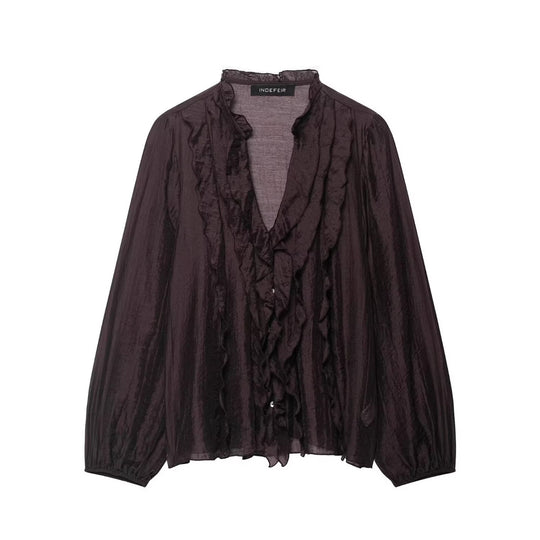 Damen Transparente Crinkle-Bluse mit Volantkragen, Rüschenfront und Ballonärmeln Shop Nory