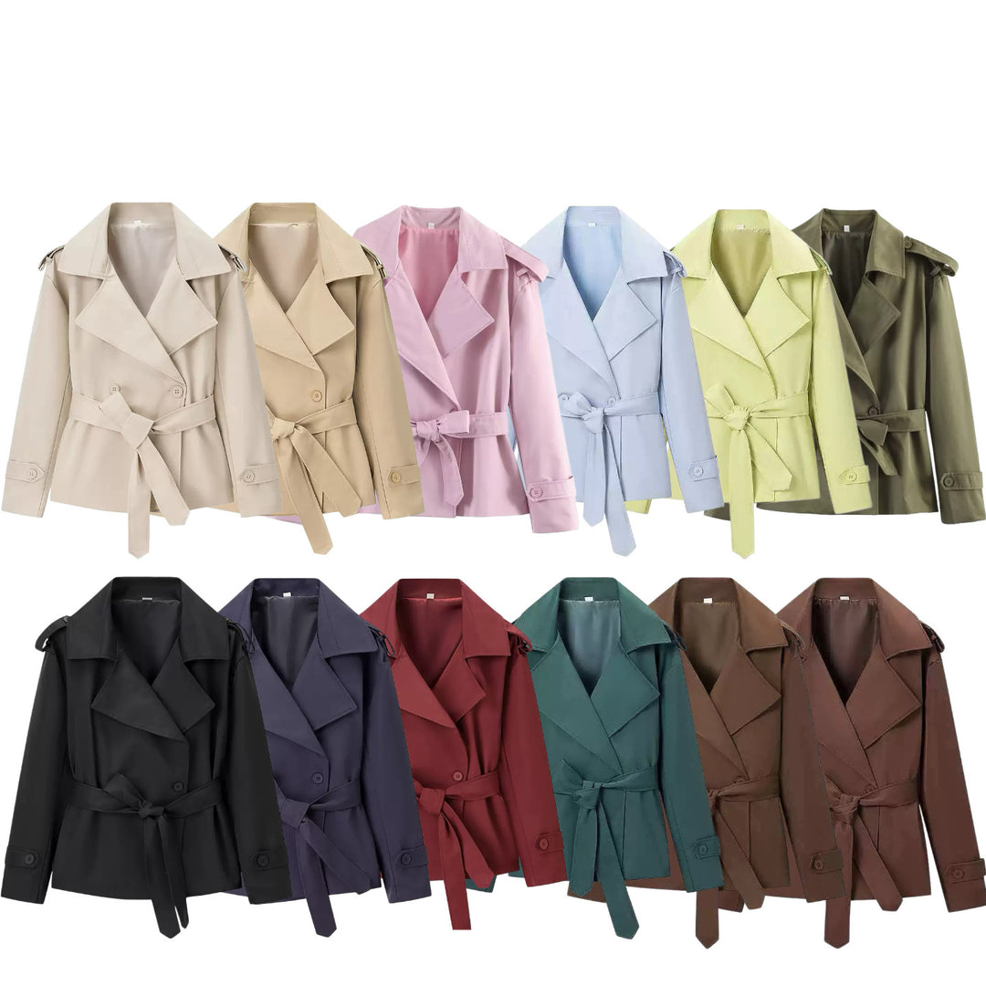 Damen Kurztrench mit überschnittenen Schultern, großem Reverskragen und Wickelgürtel Shop Nory