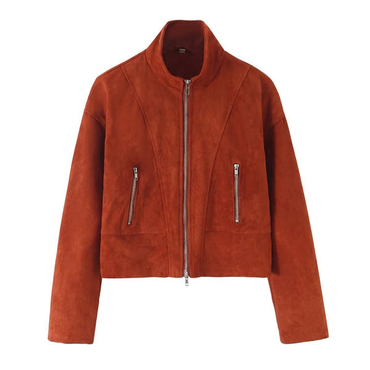 Damen Kurzjacke im Boxy-Cropped-Schnitt aus Velourslederoptik mit Stehkragen und Metallreißverschlüssen Shop Nory