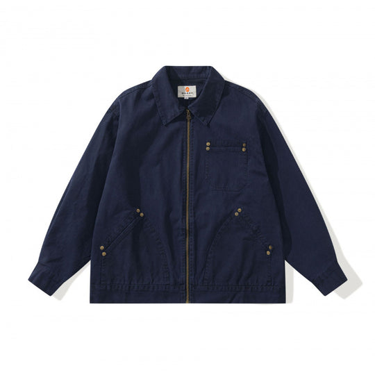 Unisex Kastenförmige Canvas-Worker-Jacke mit Frontreißverschluss und Nietapplikationen Shop Nory