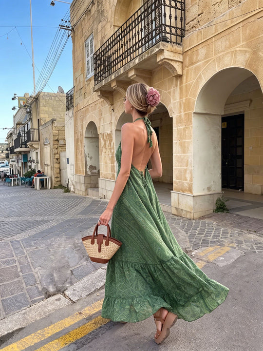 Damen Boho-Maxikleid mit Nackenband, Rückenfreiem Schnitt und Volant Shop Nory